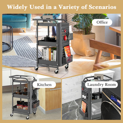 3-Tier Rolling Storage Cart with DIY Dual Pegboards, 2 Baskets, 4 Removable Hooks