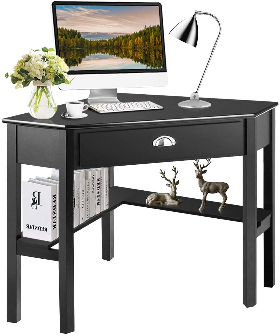 Computer Corner Desk, Wood Compact Home Office Writing Workstation with Drawer and Shelves
