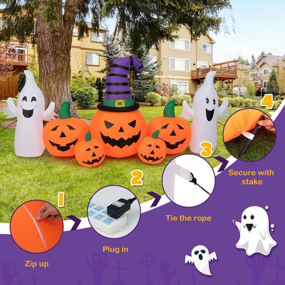 9FT Long Halloween Inflatable Pumpkin with 2 Ghosts, Blow up Yard Decoration with Built-in LED Lights