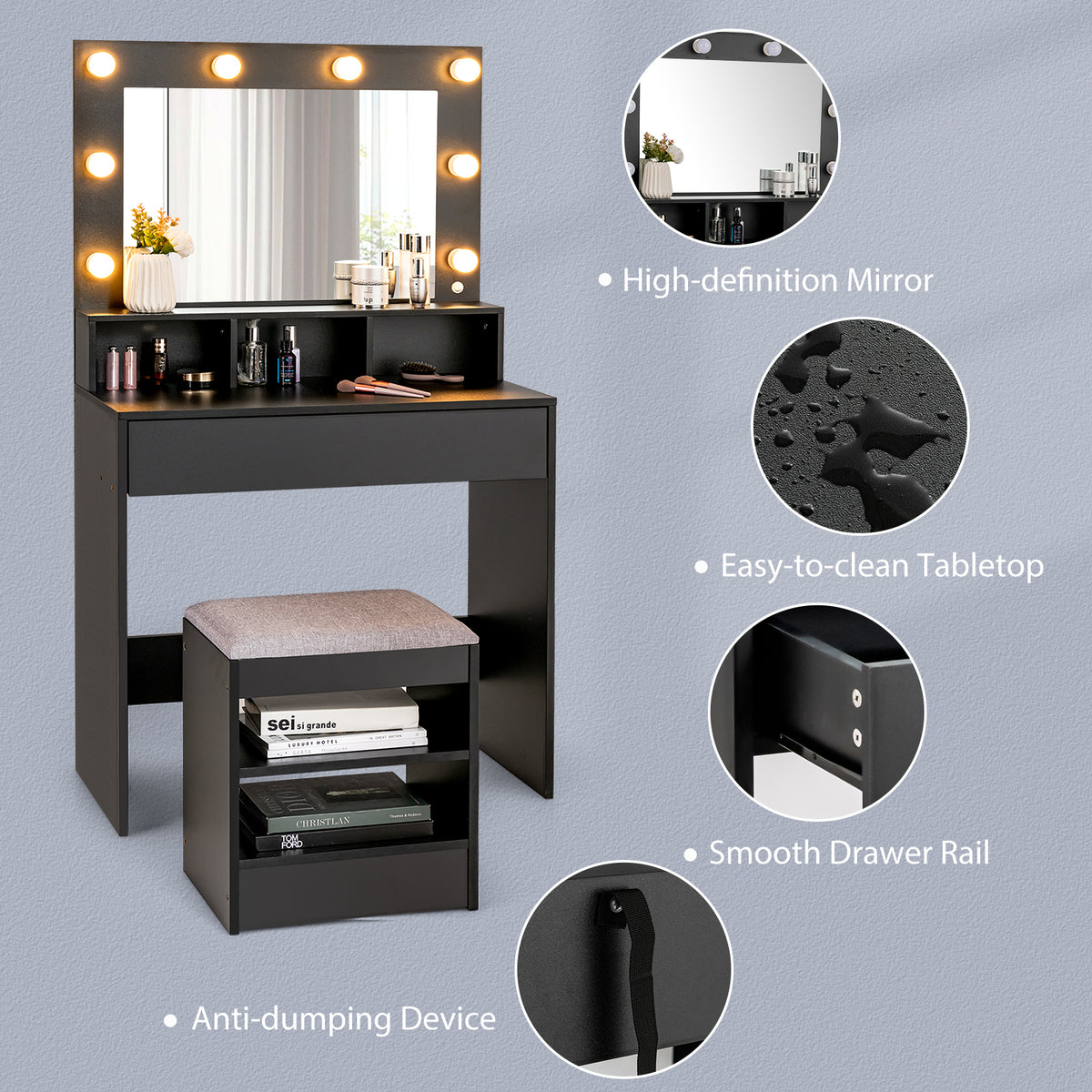 Vanity Table Set with Lighted Mirror, Makeup Dressing Desk with LED Lights
