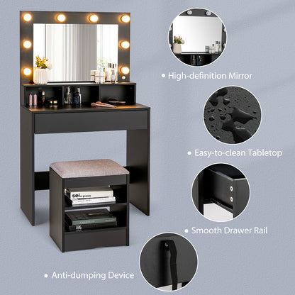 Vanity Table Set with Lighted Mirror, Makeup Dressing Desk with LED Lights