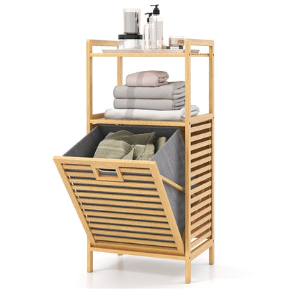 Tilt-out Laundry Hamper with 2-Tier Shelves, Bamboo Laundry Baskets Organizer with Removable & Foldable Fabric Liner