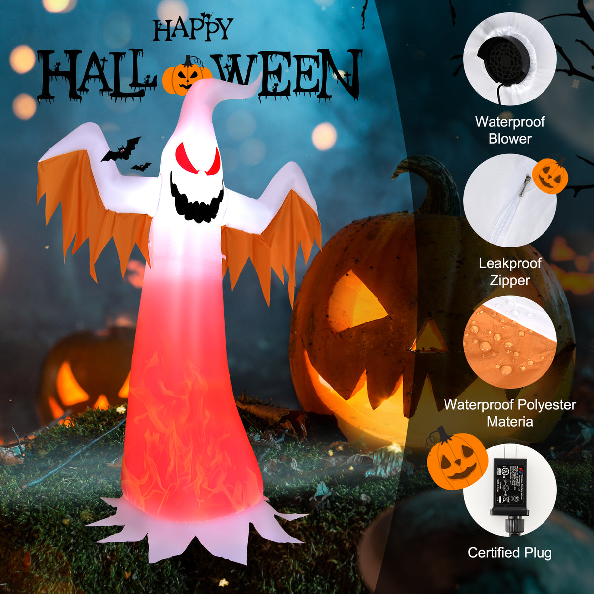 6FT Halloween Inflatable Scary Spooky Ghost, Blow Up Yard Decoration with Built-in Flame Light and Waterproof Blower