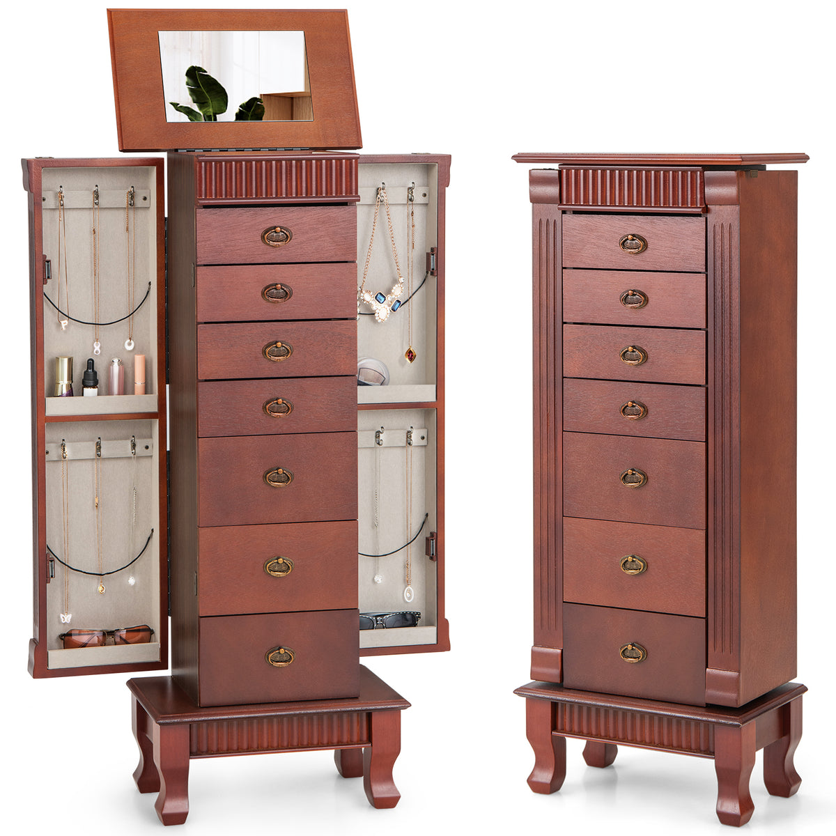 Jewelry Cabinet Armoire, Standing Jewelry Storage Organizer with Flip Top Makeup Mirror & 7 Drawers
