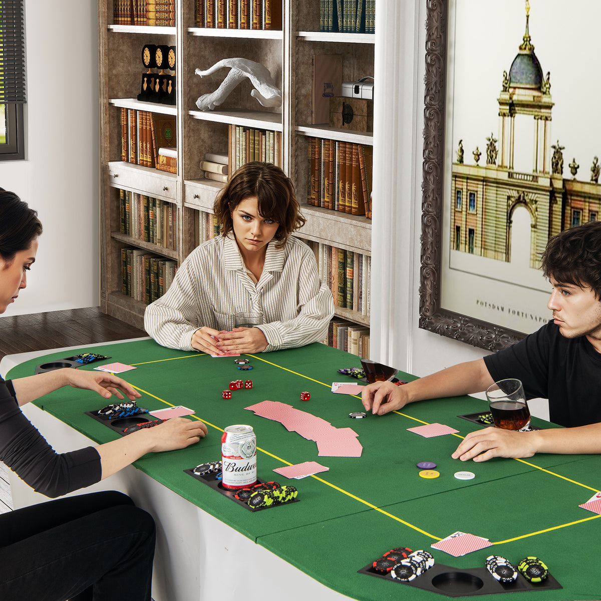 8-Player Square Poker Table Top, 79” x 36” Folding Casino Texas Hold’em Game Board w/Cup Holders & Chip Trays
