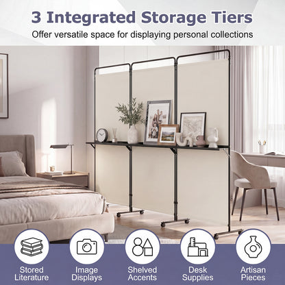 3 Panel Room Divider with Storage Shelves, 6FT Folding Privacy Screen with Lockable Wheels