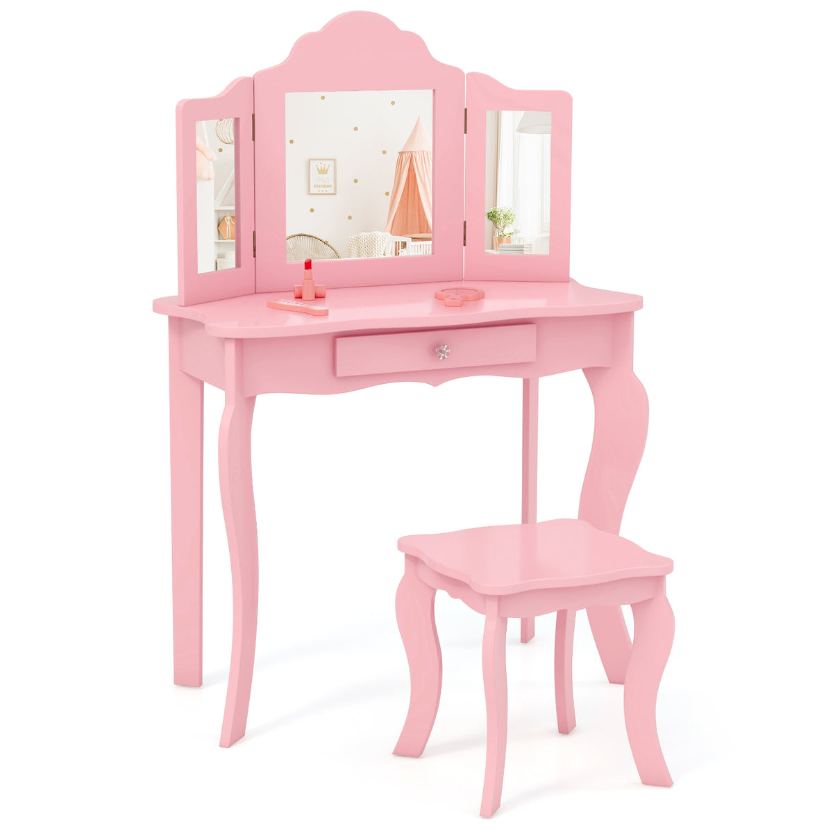 Wooden Vanity Table with Tri-Folding Mirror and Stool for Kids, Writing Table with Detachable Top and Large Capacity Drawer