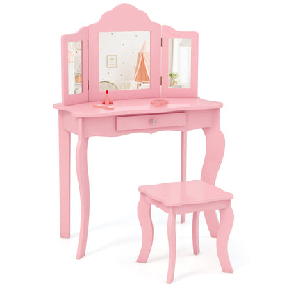 Wooden Vanity Table with Tri-Folding Mirror and Stool for Kids, Writing Table with Detachable Top and Large Capacity Drawer