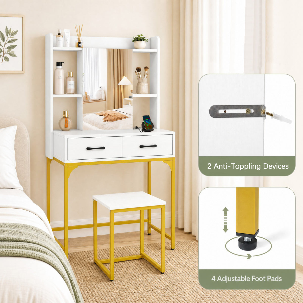 Vanity Desk Set with Charging Station, Modern Dressing Table with Mirror Cabinet