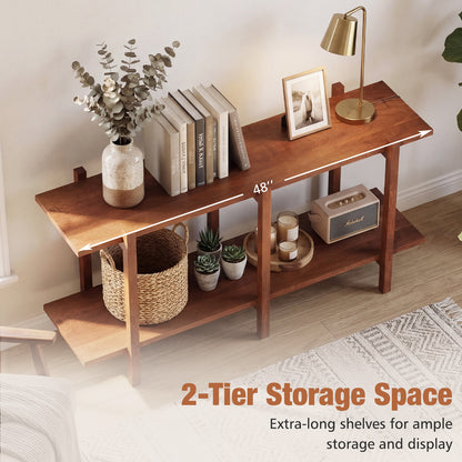 2-Tier Wood Bookshelf, Mid-Century Modern Console Table with Storage Shelf