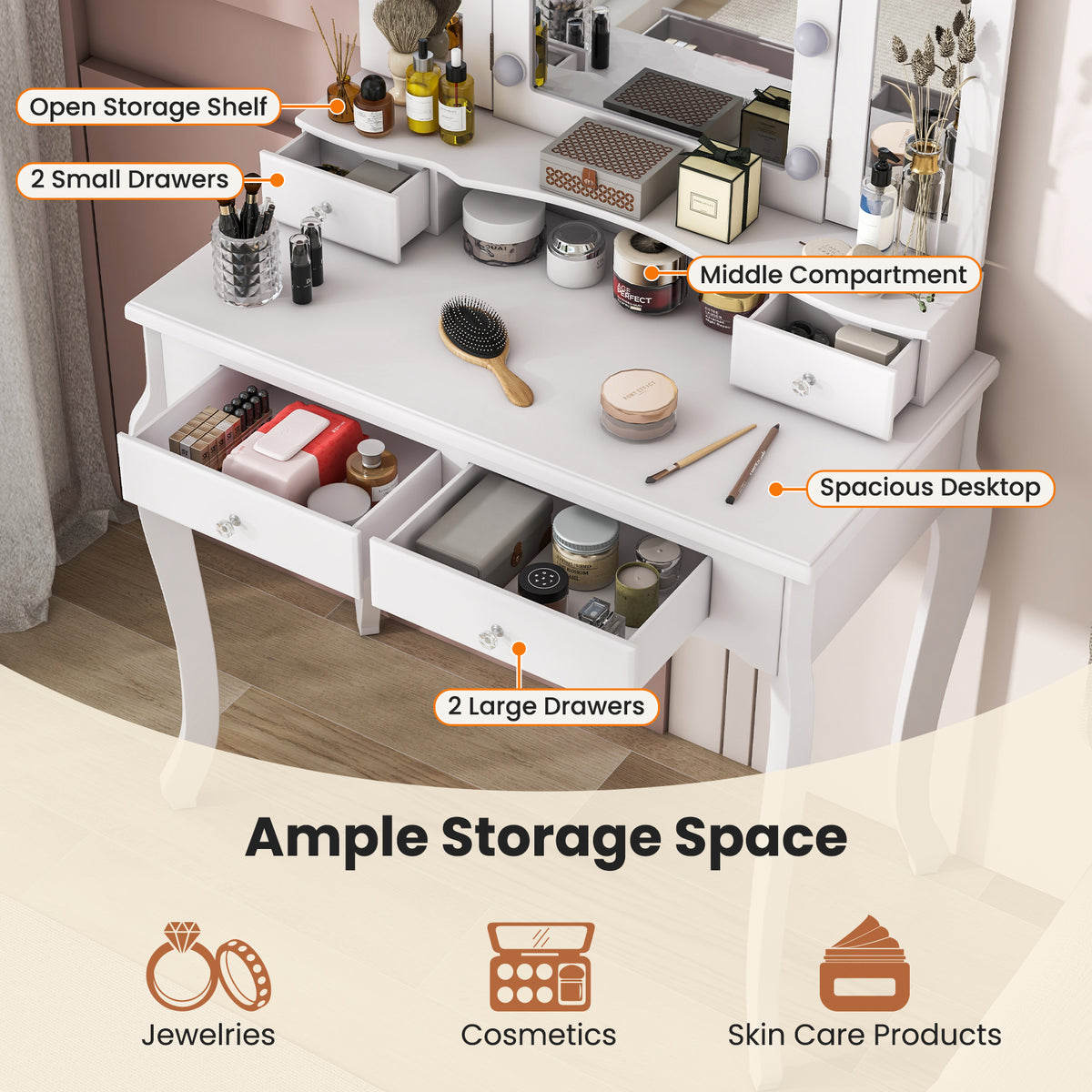 Makeup Vanity Set with Tri-Fold Mirror & Dimmable Lights, Vanity Desk and Cushioned Stool Set with 4 Drawers