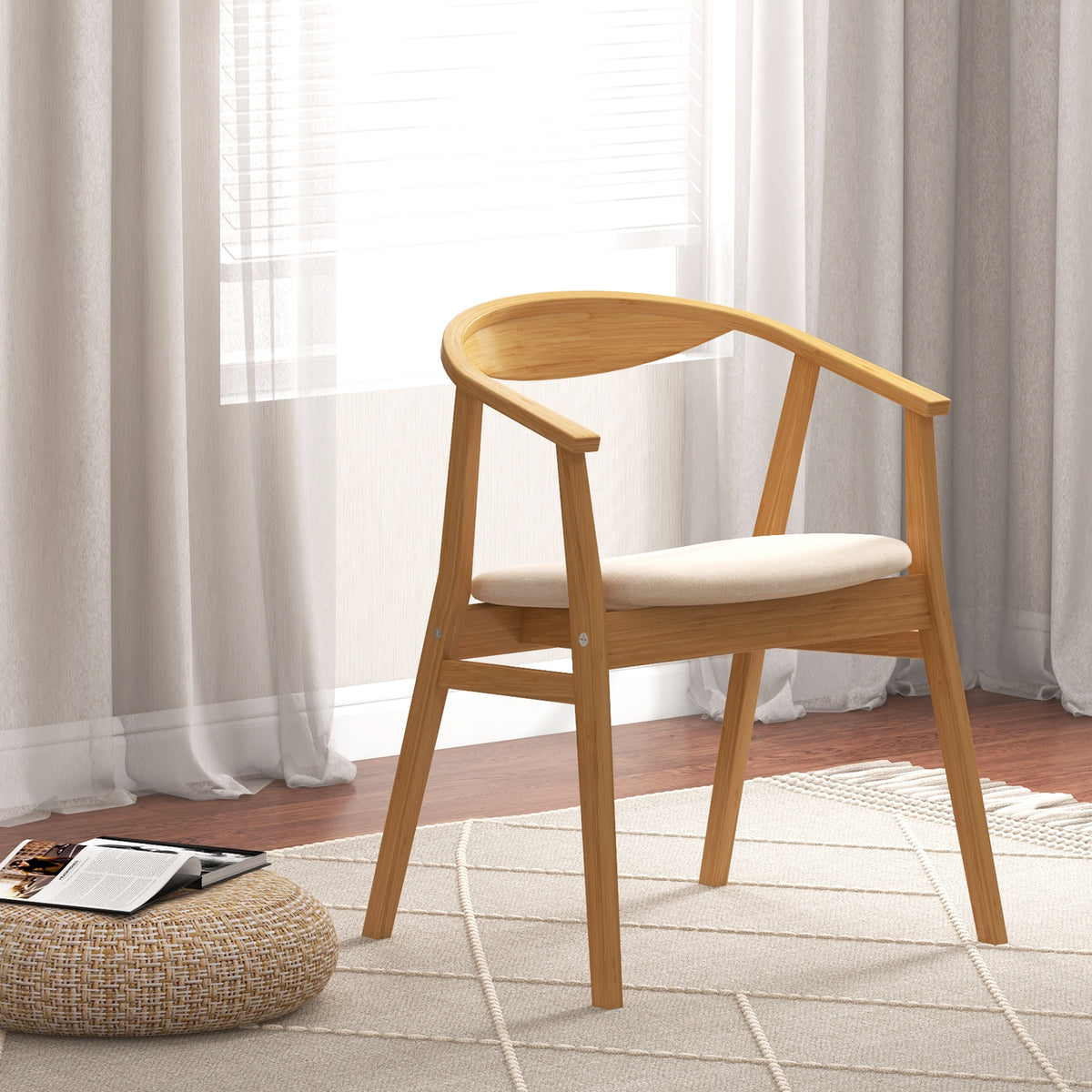 Bamboo Accent Chair, Mid-Century Modern Armchair with Padded Seat, Curved Backrest and Wrap-Around Armrest