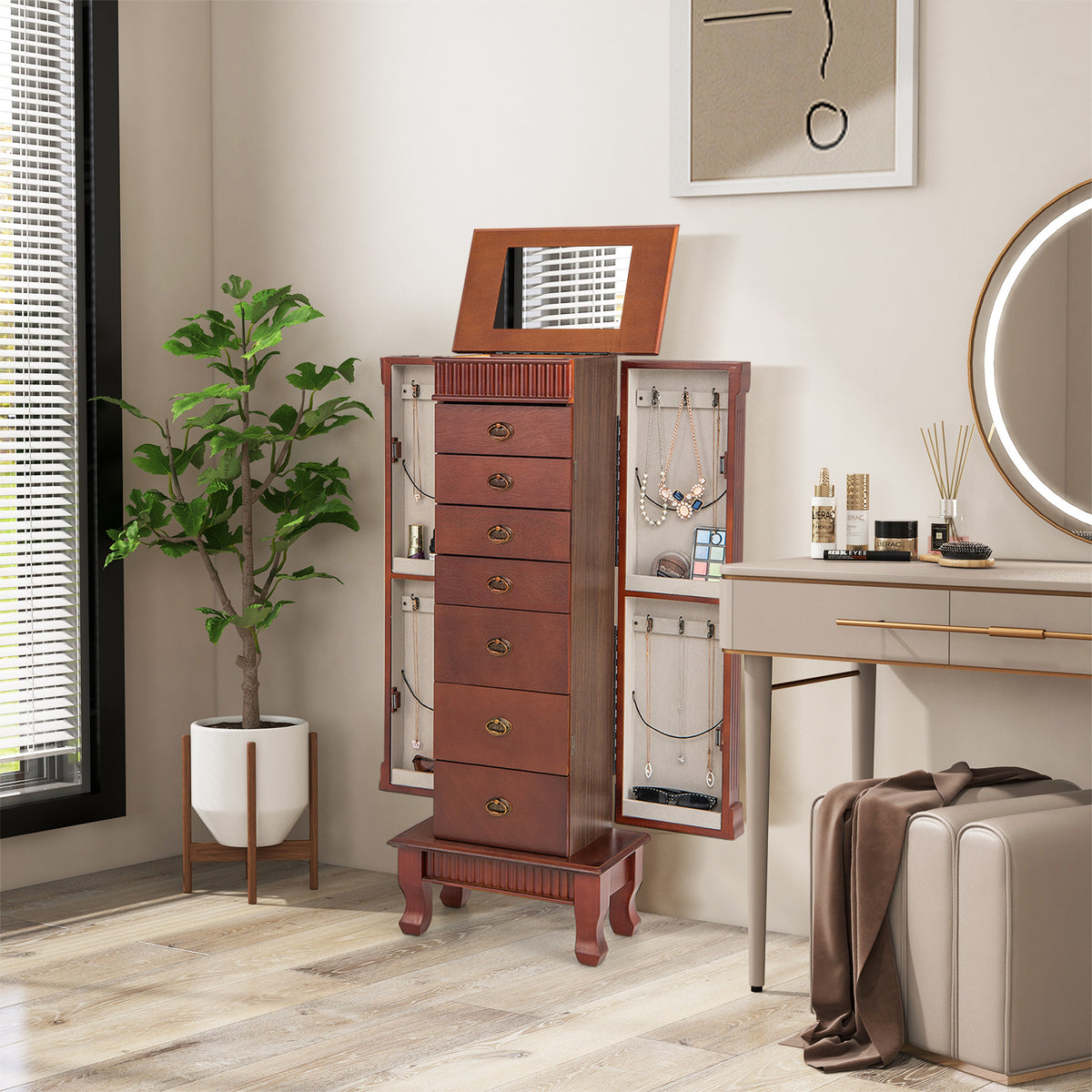 Jewelry Cabinet Armoire, Standing Jewelry Storage Organizer with Flip Top Makeup Mirror & 7 Drawers