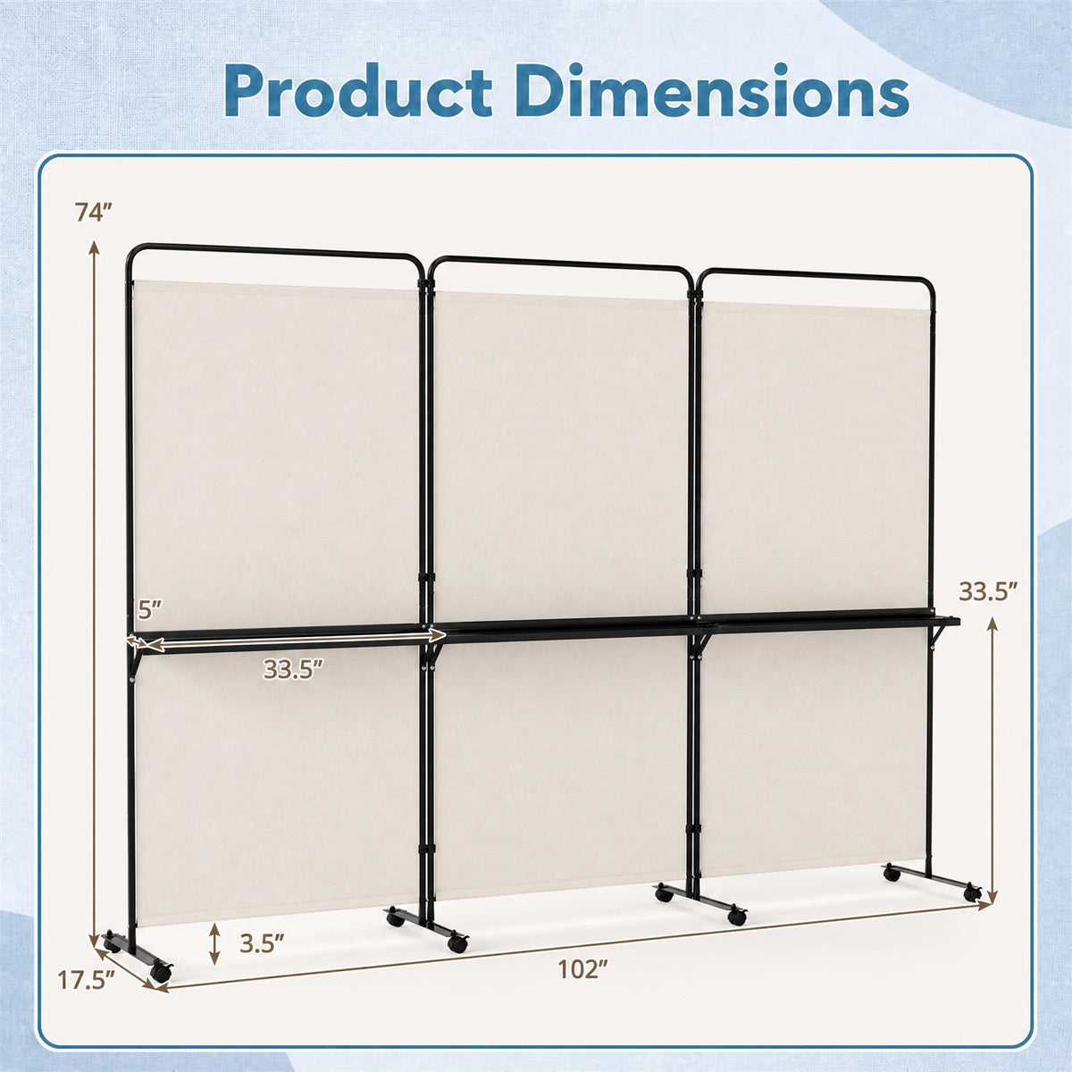 3 Panel Room Divider with Storage Shelves, 6FT Folding Privacy Screen with Lockable Wheels