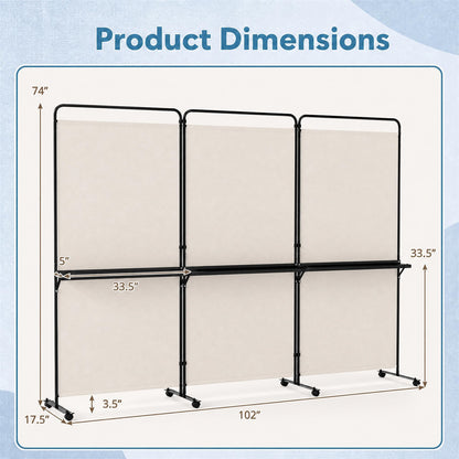 3 Panel Room Divider with Storage Shelves, 6FT Folding Privacy Screen with Lockable Wheels