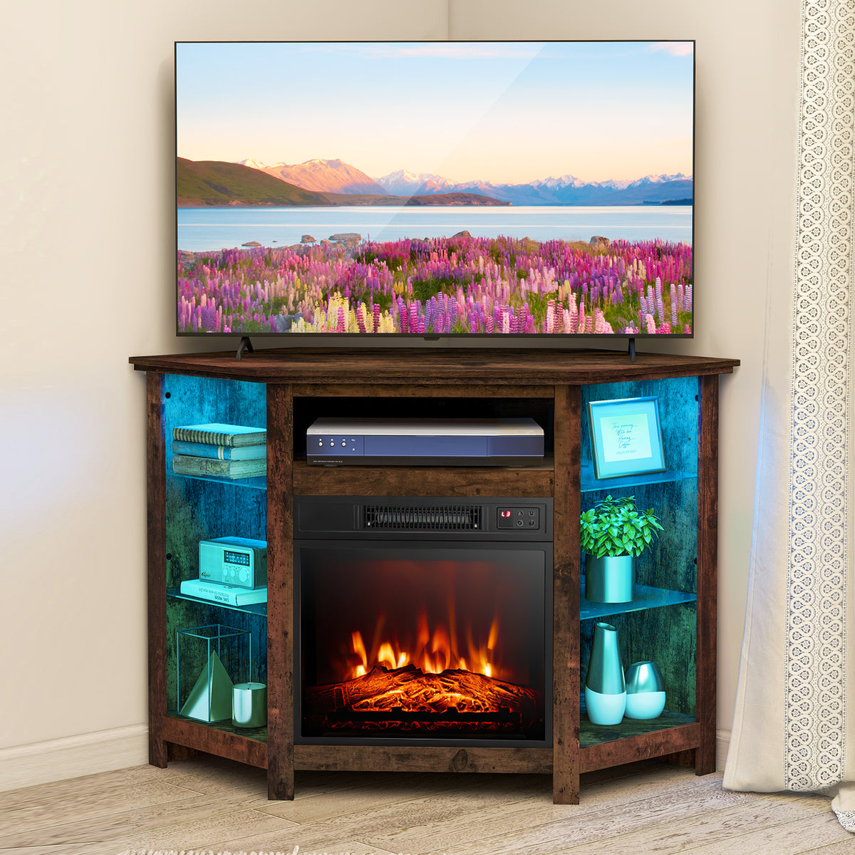 Corner Fireplace TV Stand with LED Lights for TVs up to 50”, Modern Entertainment Center with Electric Fireplace
