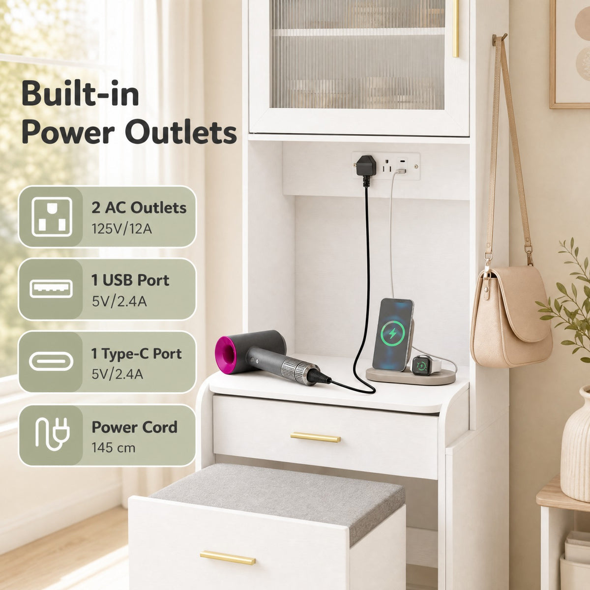 3-in-1 Vanity Desk with Flip Top Mirror, Hidden Rolling Chair, Charging Station