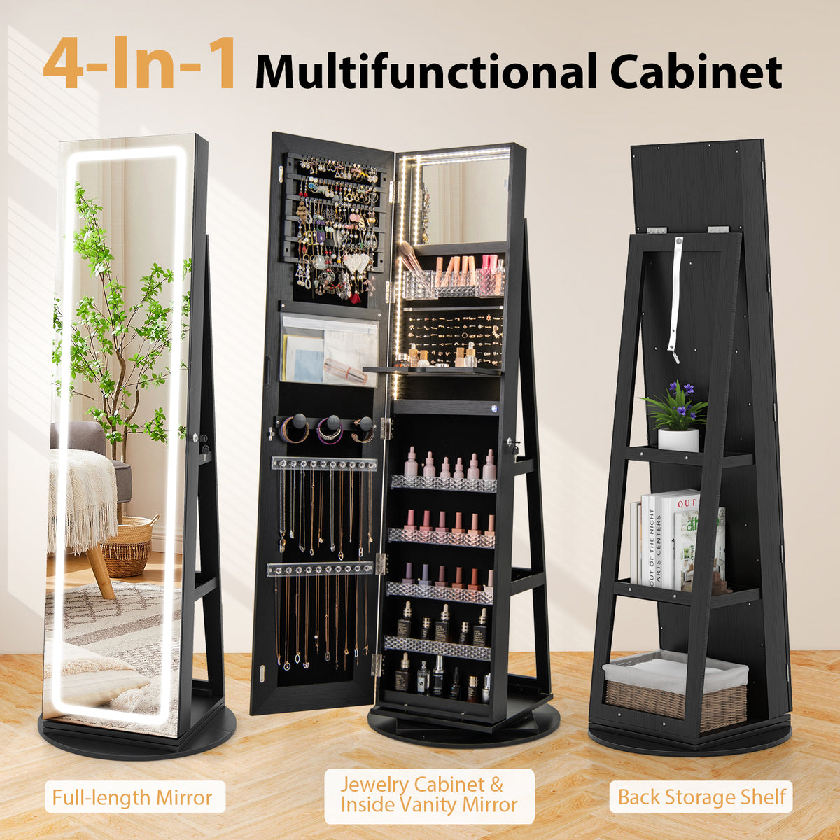 360° Swivel Jewelry Cabinet Armoire with Full Length Mirror, Standing Jewelry Storage Organizer with Rear Storage Shelves