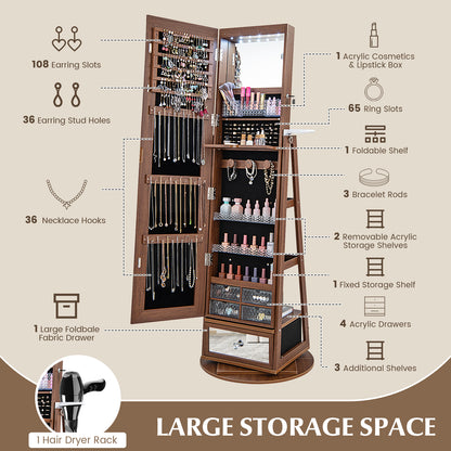 360 Rotating Jewelry Cabinet with Full Length Mirror, Standing LED Jewelry Armoire