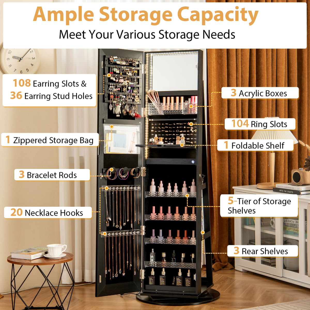 360° Swivel Jewelry Cabinet Armoire with Full Length Mirror, Standing Jewelry Storage Organizer with Rear Storage Shelves