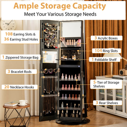 360° Swivel Jewelry Cabinet Armoire with Full Length Mirror, Standing Jewelry Storage Organizer with Rear Storage Shelves