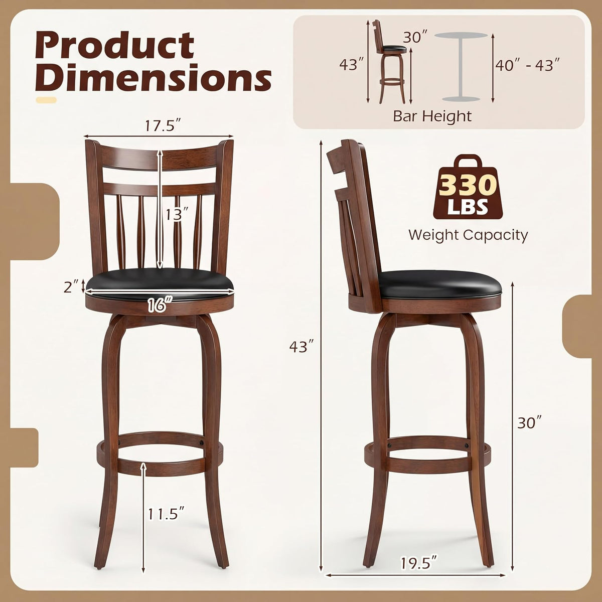 Goflame Swivel Bar Stools Set of 2, 24 Inch Counter Height Barstools | 360° Rotating Bar Chairs w/Footrest