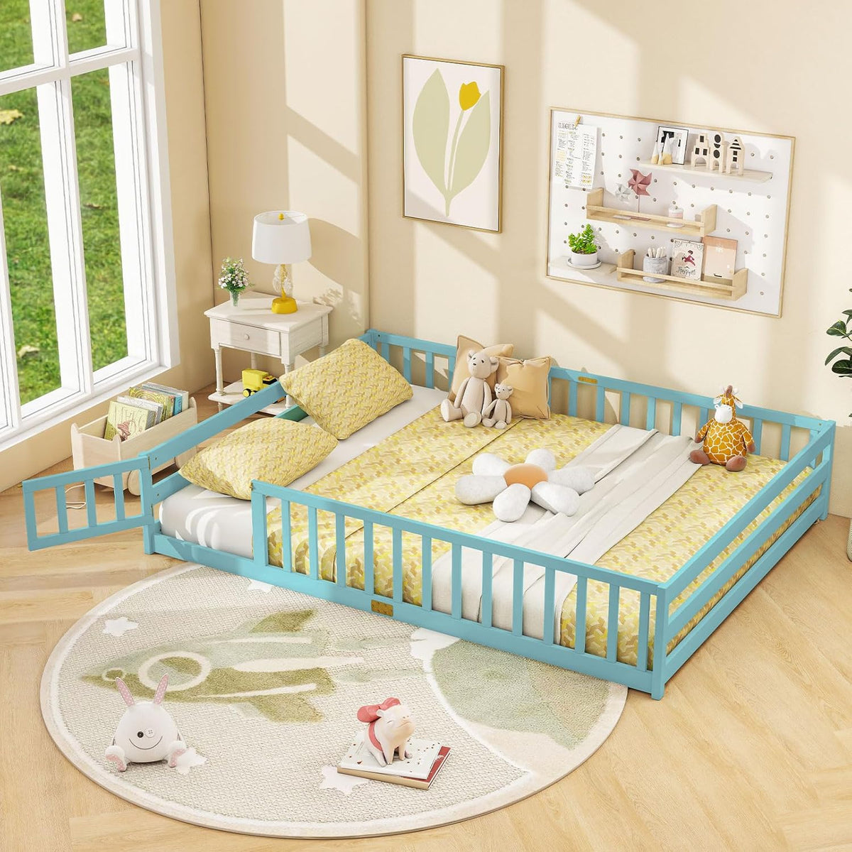 Goflame Floor Bed with Door & Fence Kids Wood Montessori Beds with Safety Guardrails