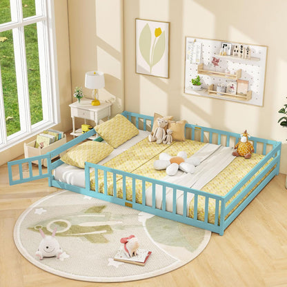 Goflame Floor Bed with Door & Fence Kids Wood Montessori Beds with Safety Guardrails
