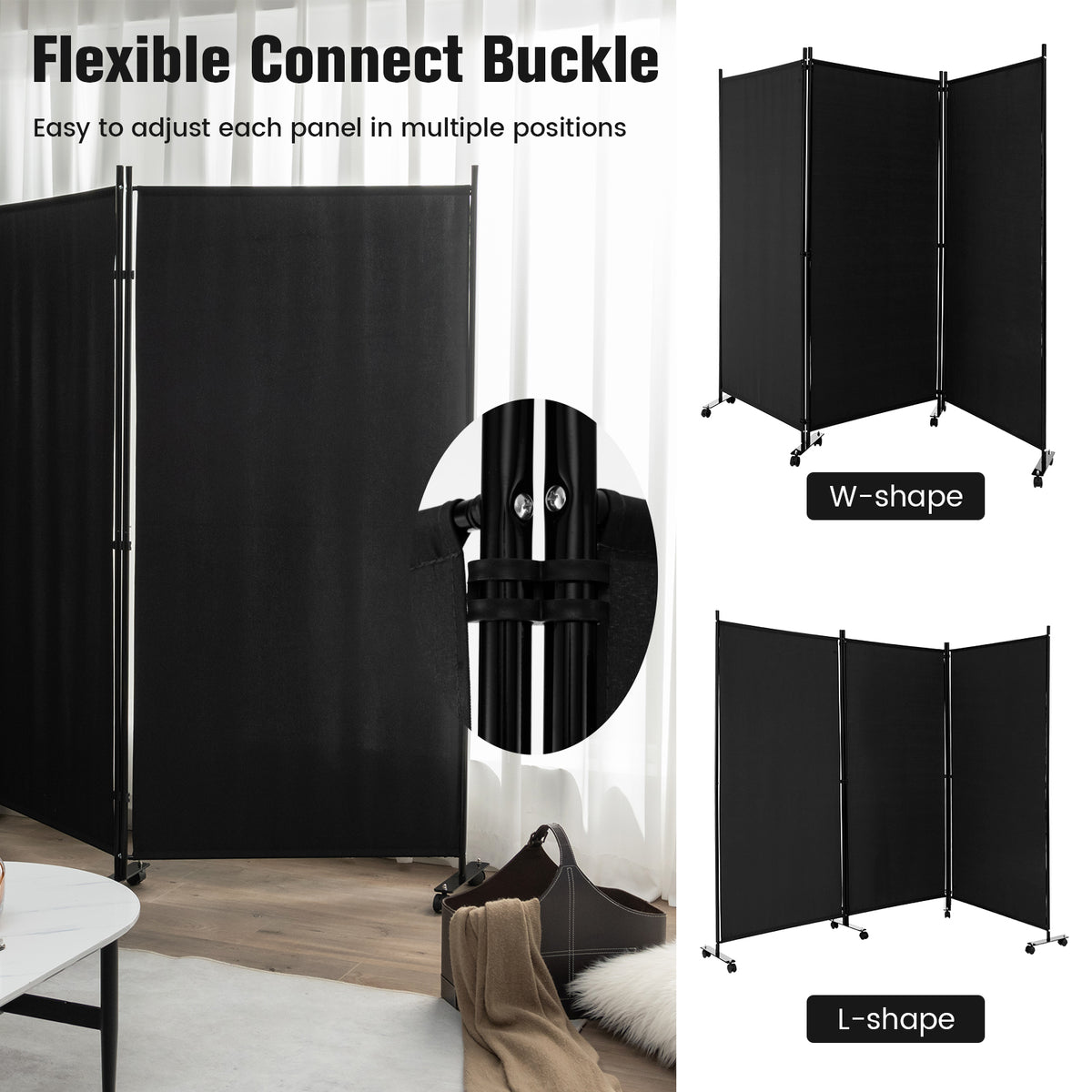 3 Panel Folding Room Divider, 6FT Rolling Privacy Screen with Lockable Wheels