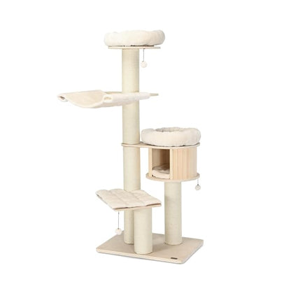 68.5" Wooden Cat Tree Tower, Multi-Tier Tall Cat Activity Tree with Top Plush Perch, Cat Condo, Hammock, Jingling Fur Balls, Platform, Soft Removable Cushions, for Indoor Cats Kittens to Play/Rest