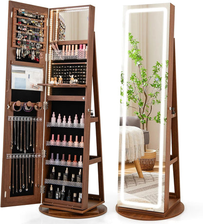 360° Swivel Jewelry Cabinet Armoire with Full Length Mirror, Standing Jewelry Storage Organizer with Rear Storage Shelves