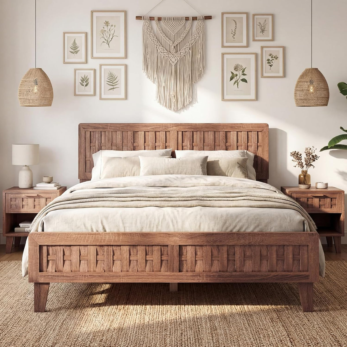 Goflame Wood Bed Frame with Woven Headboard (Full/Twin/Queen)