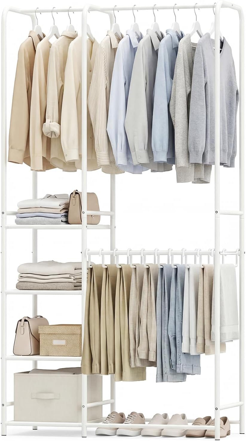 Goflame Heavy-Duty Metal Clothing Rack with 2 Hanging Rods & 4 Storage Shelves