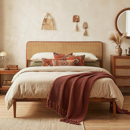 Goflame Wooden Bed Frame Full/Twin/Queen Size with Rattan Headboard