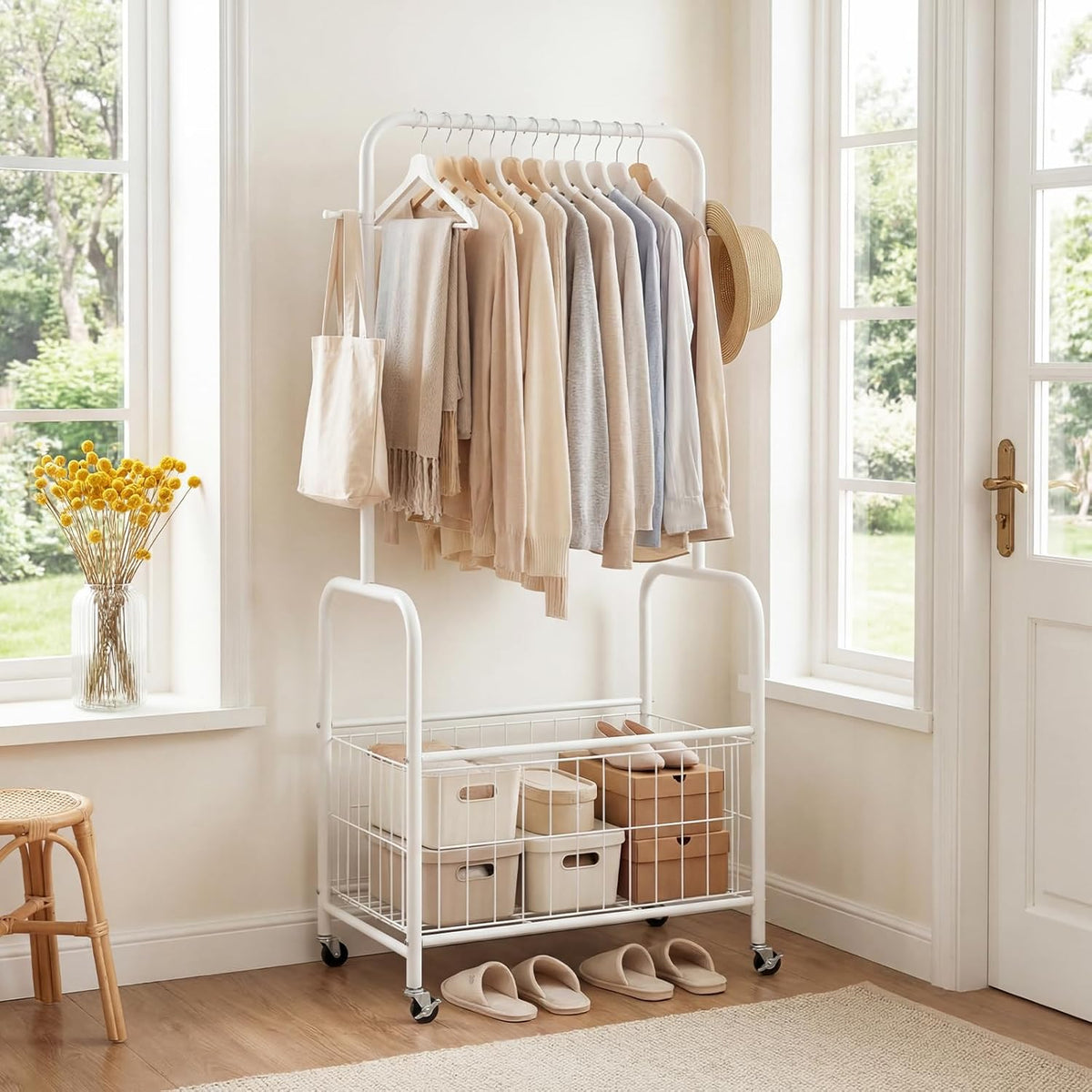 Goflame 35" Clothes Rack with Storage Basket & Lockable Wheels