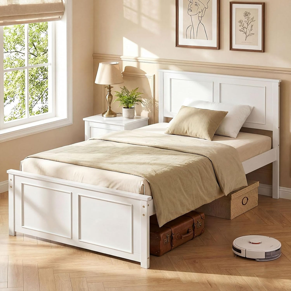Goflame Wood Queen/Full/Twin Size Farmhouse Solid Platform Bed