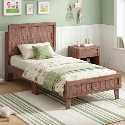 Goflame Wood Bed Frame with Woven Headboard (Full/Twin/Queen)