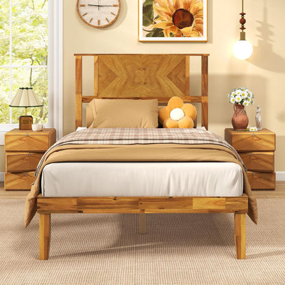 Goflame Queen/Full/Twin Size Acacia Wood Platform Bed Frame Mid-Century Modern Bed Frame with Headboard