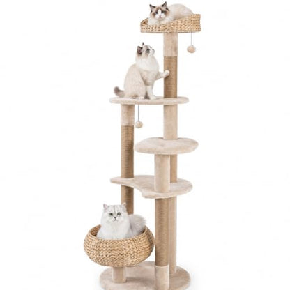 Tall 59" Cat Tree with Sisal Scratching Posts, Cozy Hammock, Washable Cushions, Multi-Level Cat Tower Activity Center for Kittens and Adult Cats Indoor