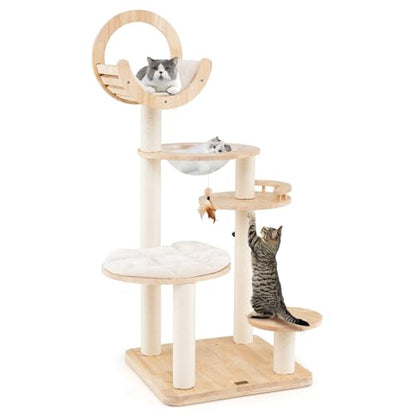 57" Solid Wood Cat Tree for Indoor Cats, Multi-Level Kitten Tower with Perch, Scratching Posts, Washable Cushions, 4 Setup Options Cat Climbing Activity Center