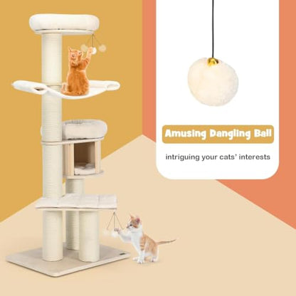 68.5" Wooden Cat Tree Tower, Multi-Tier Tall Cat Activity Tree with Top Plush Perch, Cat Condo, Hammock, Jingling Fur Balls, Platform, Soft Removable Cushions, for Indoor Cats Kittens to Play/Rest