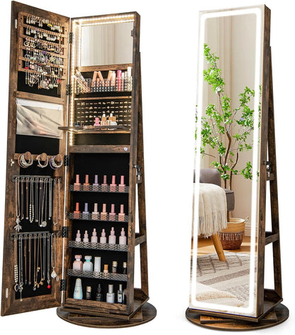 360° Swivel Jewelry Cabinet Armoire with Full Length Mirror, Standing Jewelry Storage Organizer with Rear Storage Shelves
