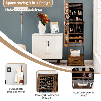 Rolling Jewelry Armoire Cabinet, Full Length Mirror with Storage, Floor Standing Lockable Jewelry Cabinet with Wheels