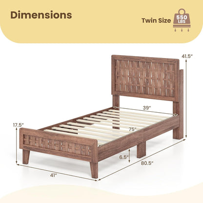 Goflame Wood Bed Frame with Woven Headboard (Full/Twin/Queen)