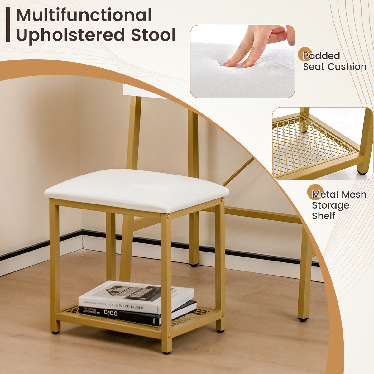 Vanity Table Set with Flip Top Mirror, Ladder Vanity Desk and Cushioned Stool Set with Shelves and Hidden Storage Compartments
