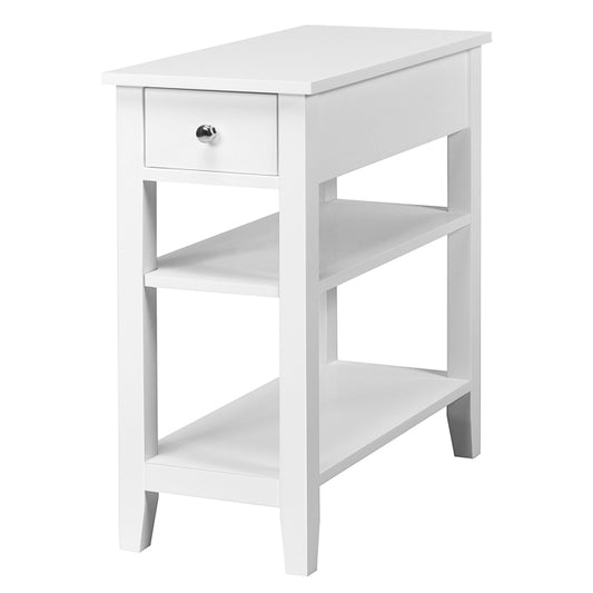 Narrow Side Table, 3-Tier Bedside Table with Drawer & 2 Open Storage Shelves