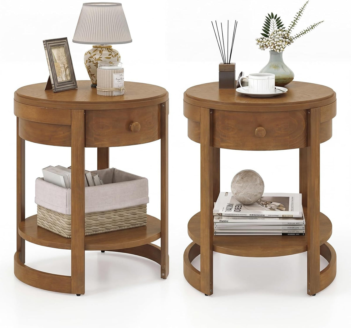 Goflame Round Side Tables Set of 1/2 | 2-Tier Retro End Tables with Drawer & Shelf