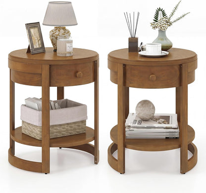 Goflame Round Side Tables Set of 1/2 | 2-Tier Retro End Tables with Drawer & Shelf