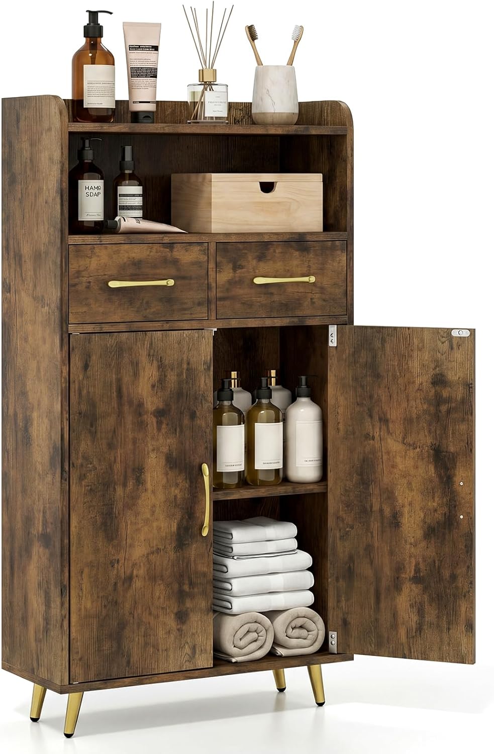 Goflame Freestanding Bathroom Storage Cabinet with 2 Drawers and 2 Doors