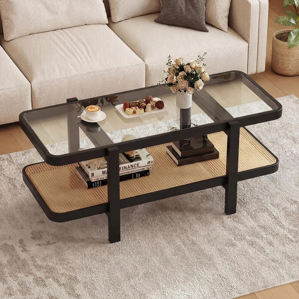 Goflame Rattan Coffee Table, 47.5" Rectangle Solid Wood Tea Table w/Tempered Glass Tabletop